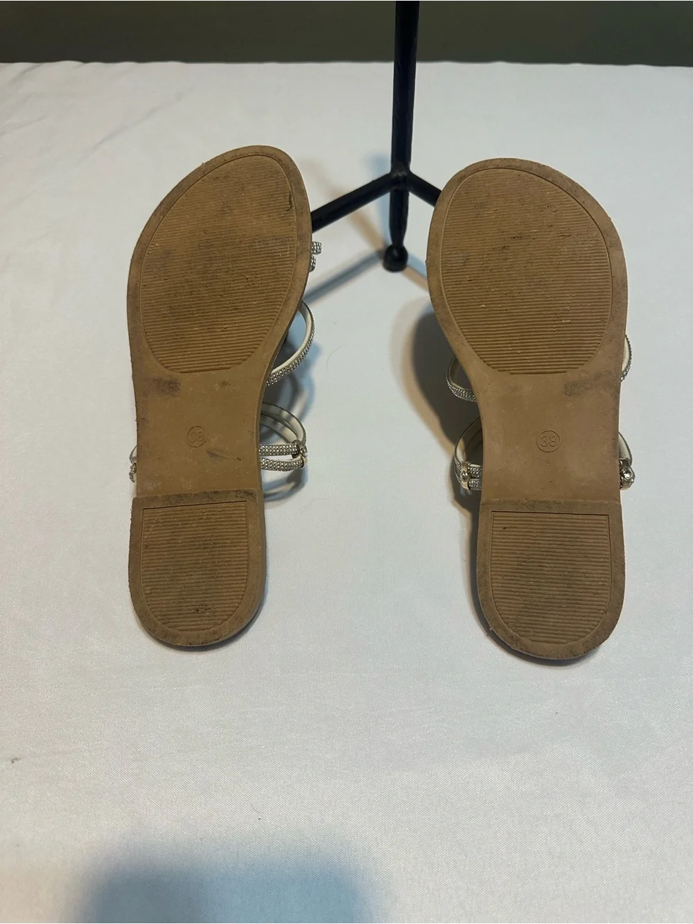 Strappy Rhinestone Sandals in Beige — Elegant Evening Flat
